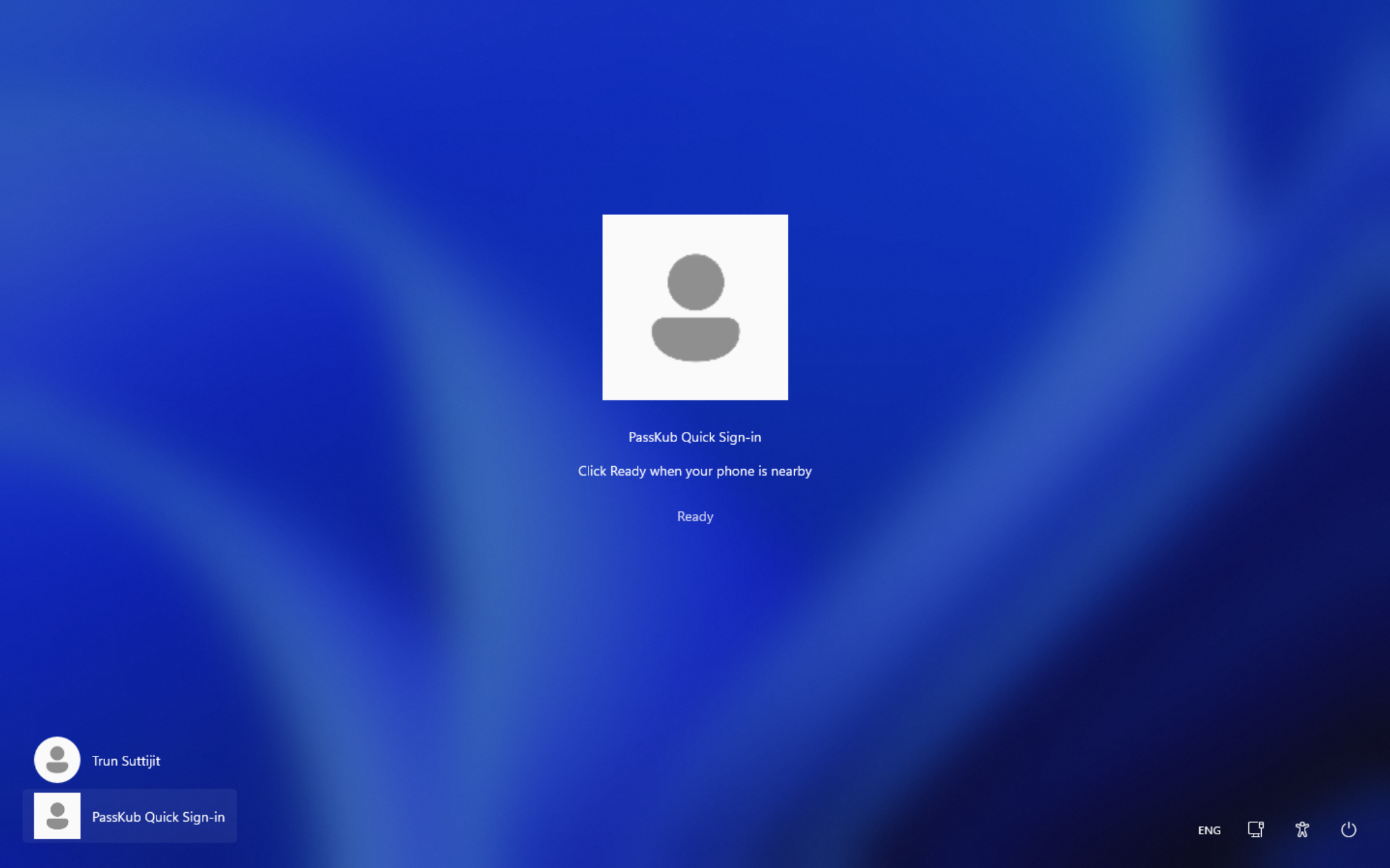 Selecting the PassKub tile at the Windows lock screen and clicking Ready to start Windows quick sign-in.