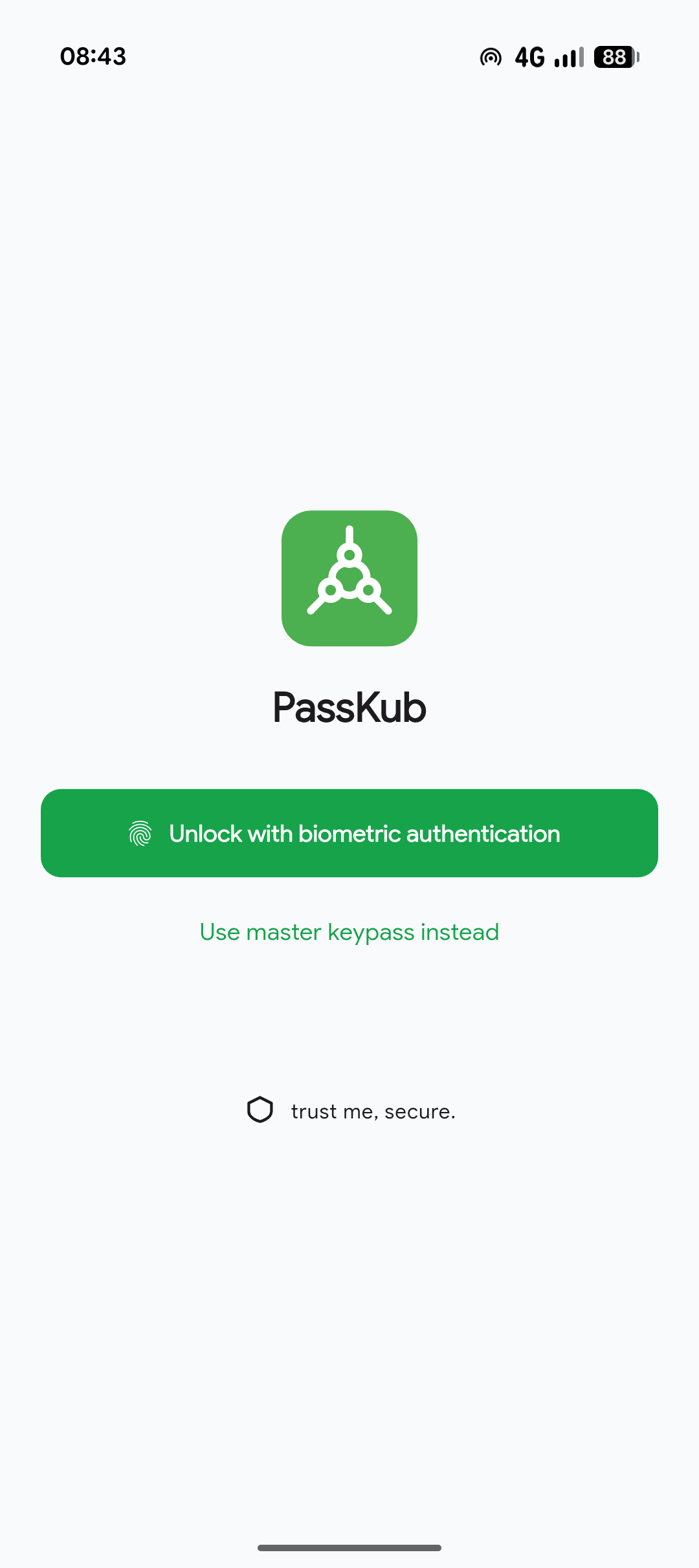 PassKub's unlock screen on Android, prompting for a keypass or biometric unlock before opening the vault.