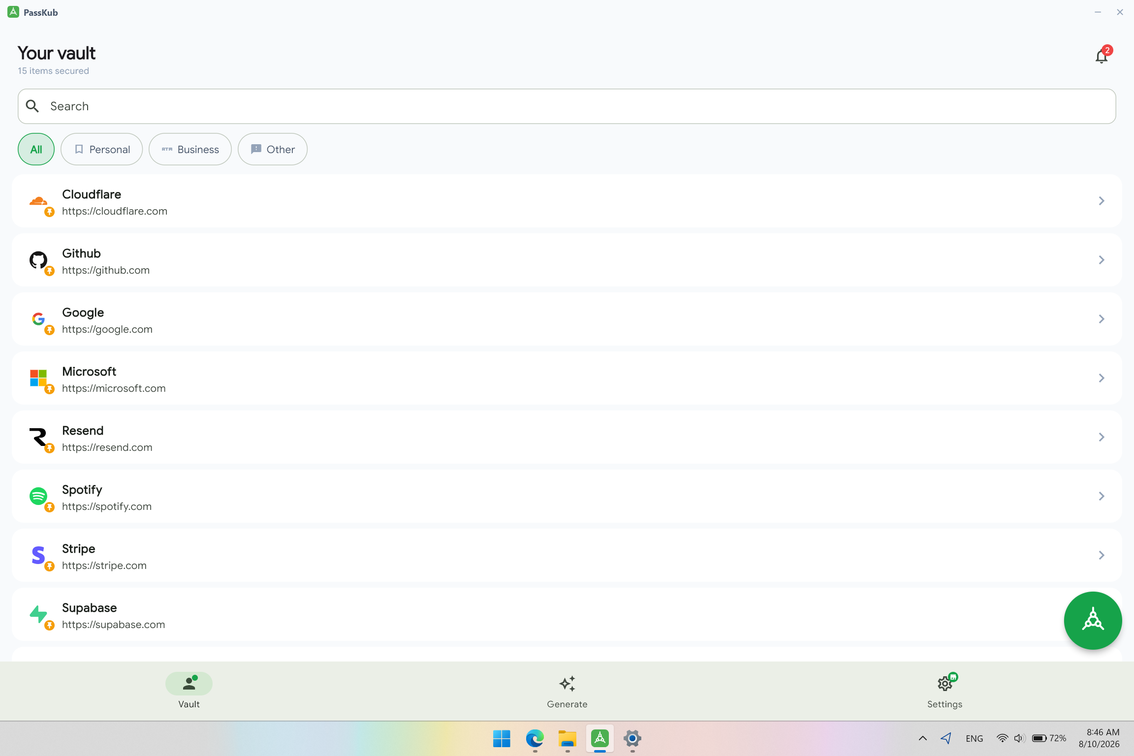 The PassKub vault open on Windows with the green New item button highlighted in the bottom-right corner.