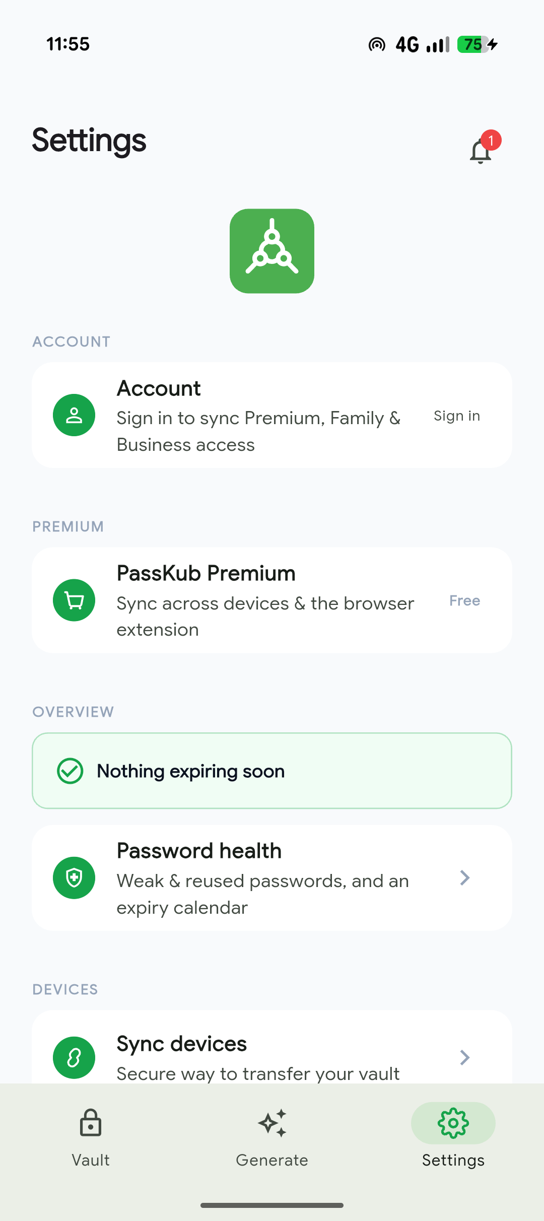 PassKub's settings screen on Android for adjusting biometrics, auto-lock timing, and backups.