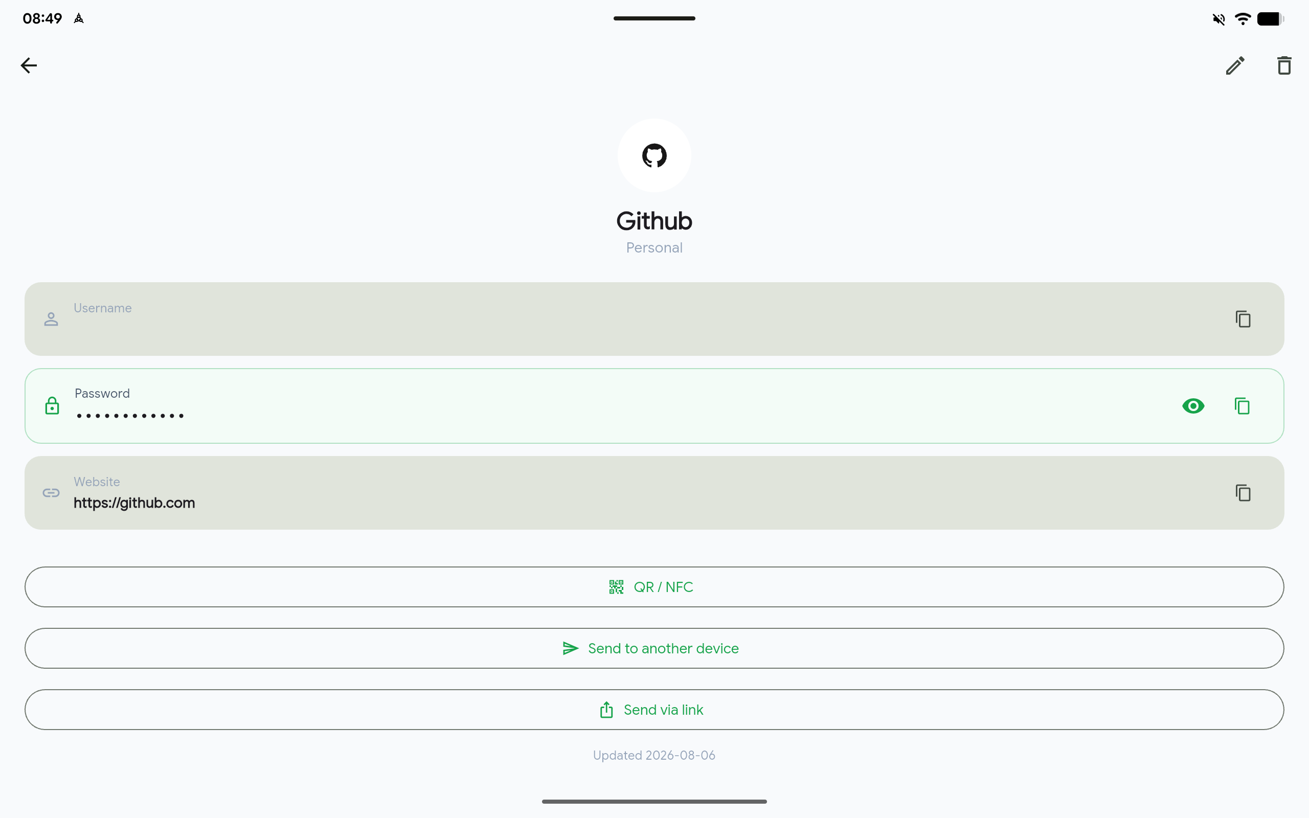 A saved login's detail view in PassKub on a tablet, showing its username, password, notes, and history in one screen.