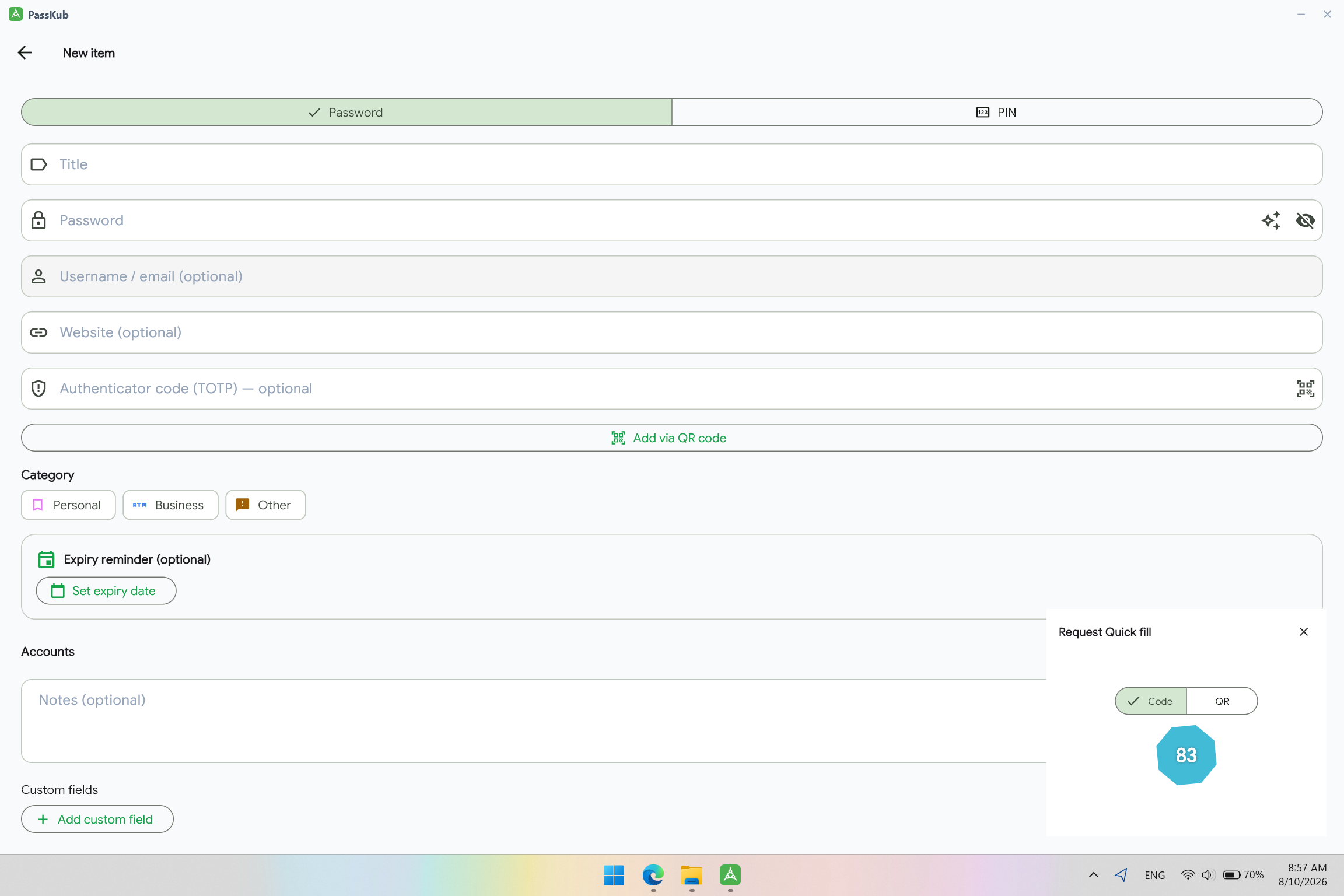 Filling in a new login's title and password in PassKub on Windows, with real-time password strength feedback.