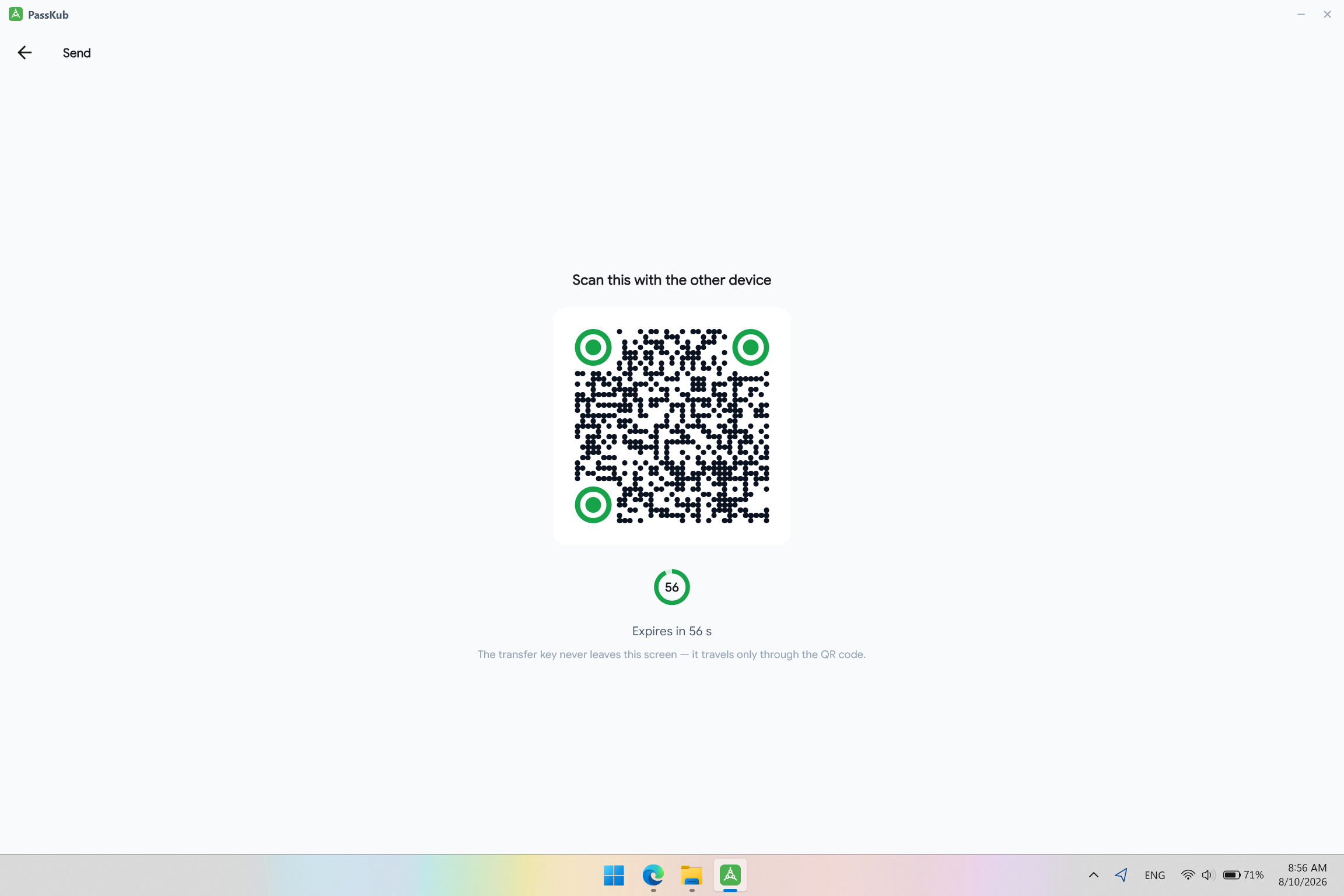 Sharing a saved login via QR code or writing it to an NFC tag in PassKub on Windows.