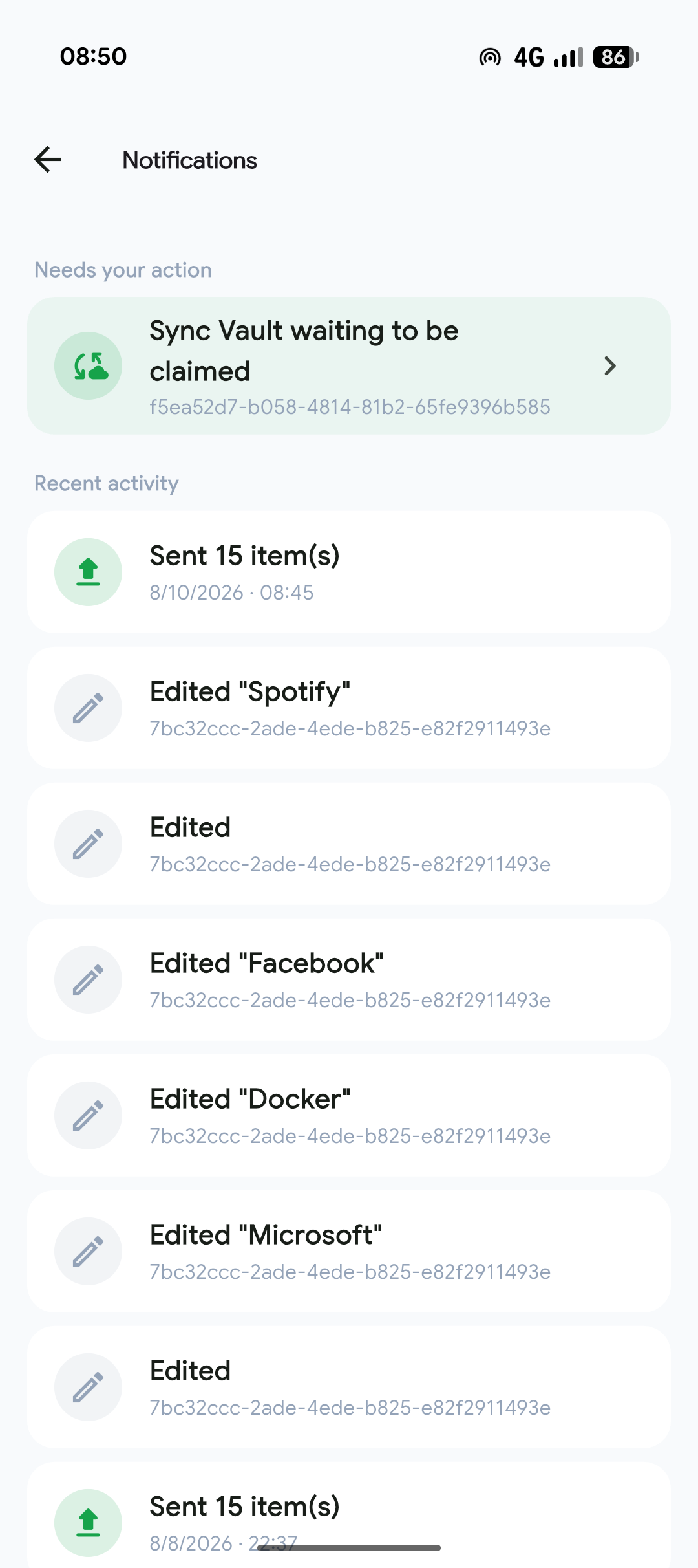 PassKub's notifications screen on Android, alerting the user to a password expiry or Quick Fill request.