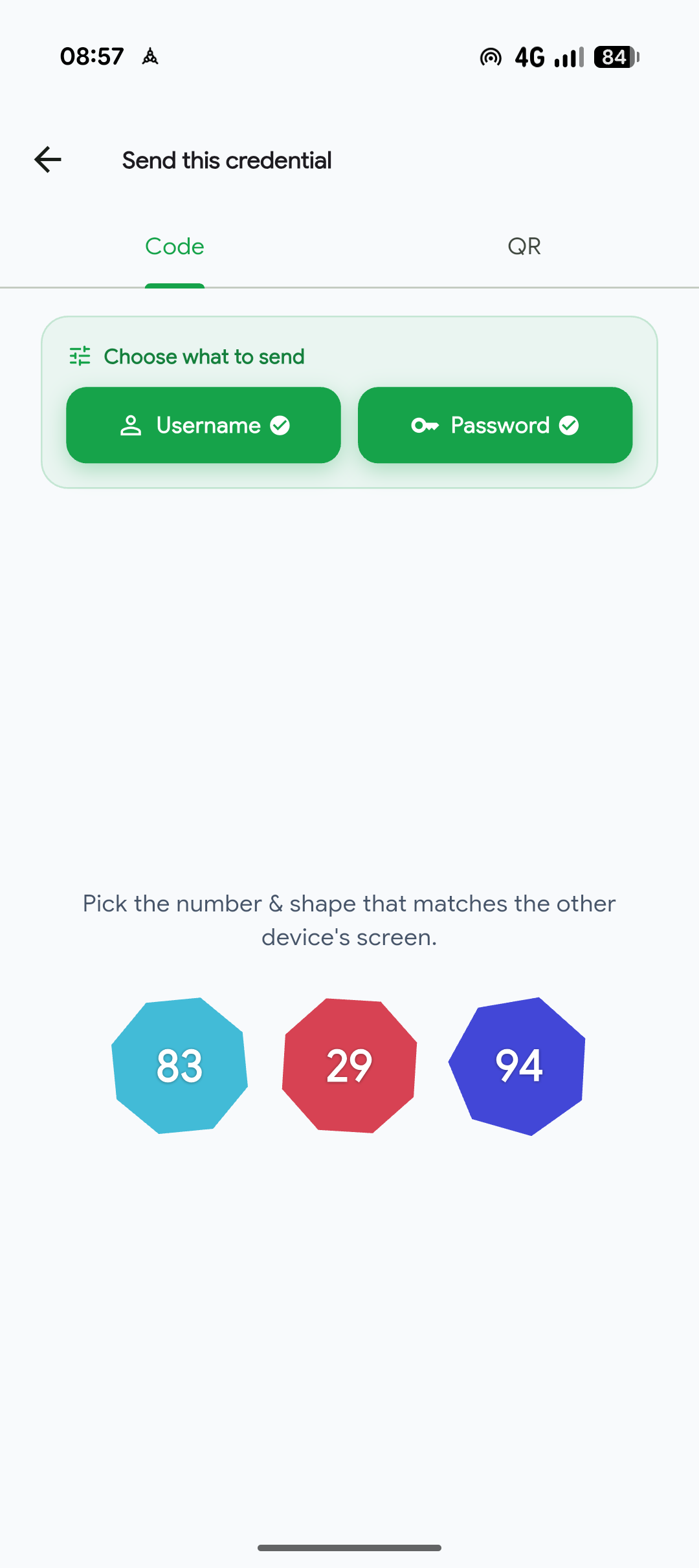 Matching the pairing shape and number on Android to approve a Quick Fill request from a desktop.