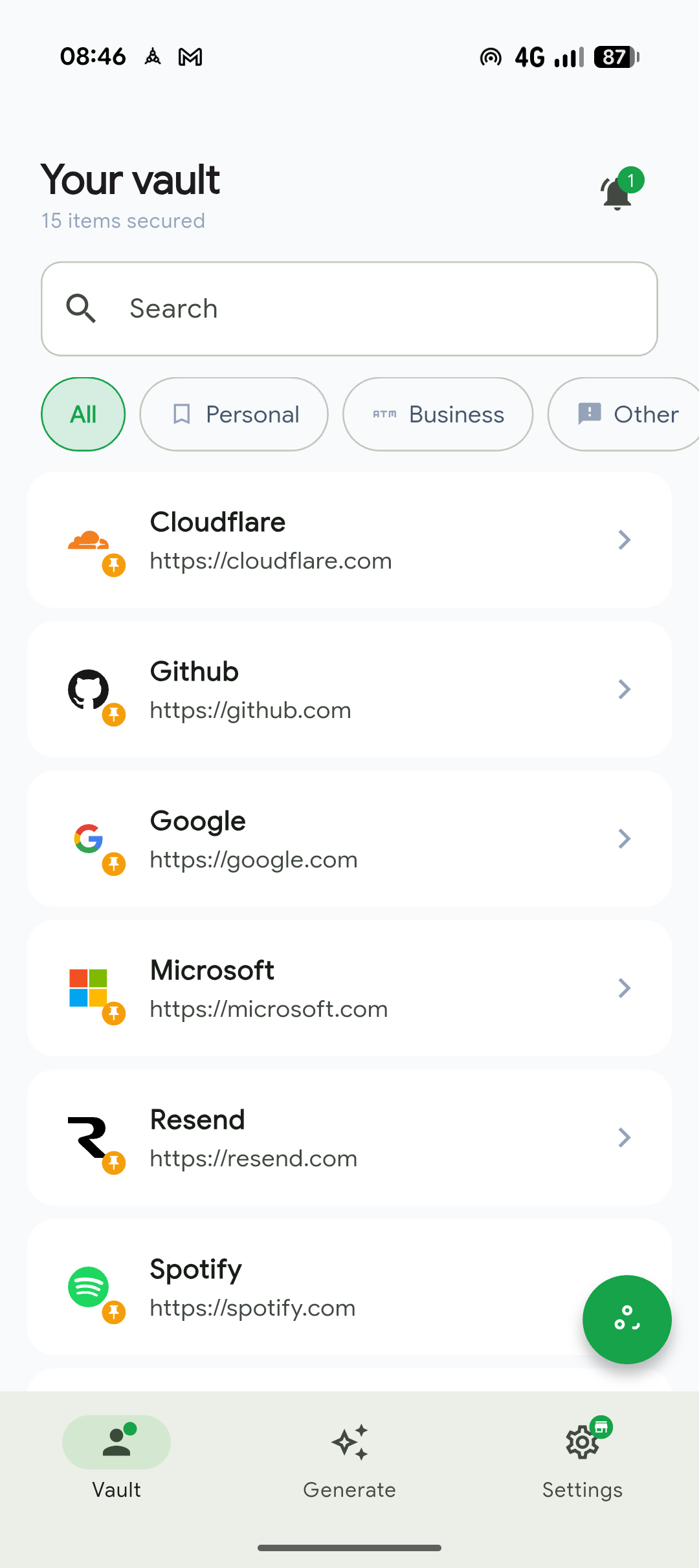 The same PassKub vault open in the Android app, with the identical saved logins as the desktop app.
